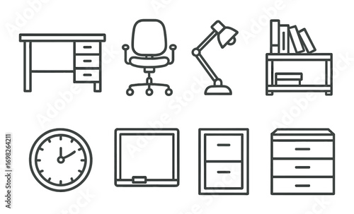 Elegant office icons set: desk, chair, lamp, bookshelf, clock, laptop, file cabinet, drawer