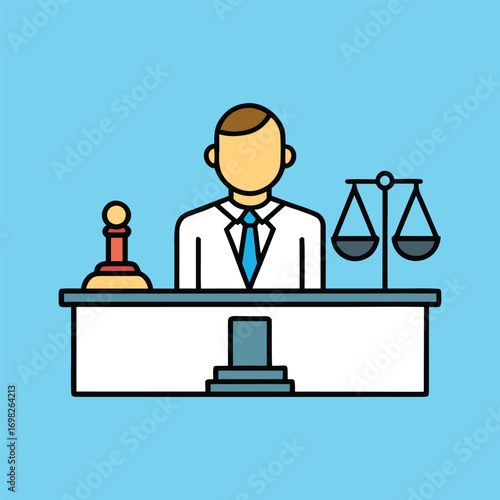 Judge at Desk Man with Scales of Justice Law Illustration