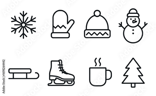 Winter icons: snowflake, mittens, hat, snowman, sled, skates, hot drink, tree