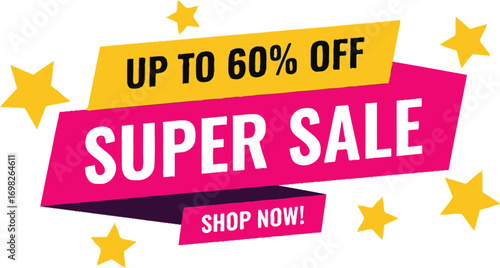Exciting Super Sale banner offering up to 60% off with a 'Shop Now' call to action and festive stars.