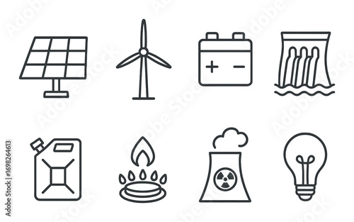 Energy icons: solar panel, wind turbine, battery, cooling tower, fuel, gas, nuclear, light bulb
