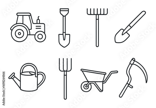 Illustration of gardening tools set: tractor, shovel, rake, watering can, pitchfork, wheelbarrow, scythe