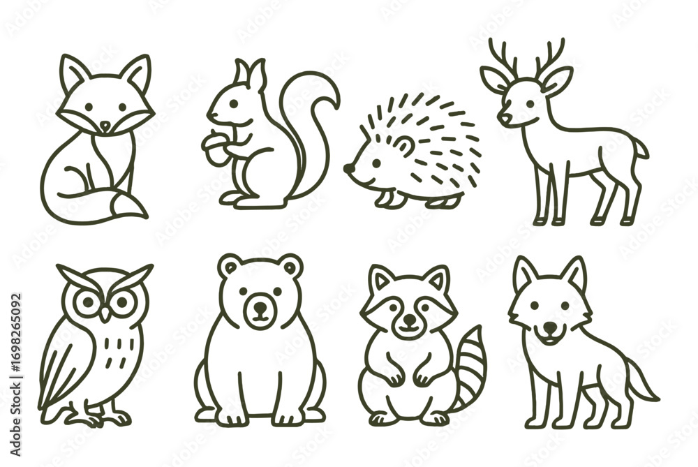Obraz premium Simple outline illustrations of forest animals on brown background