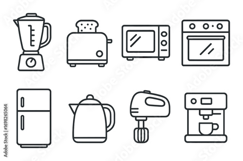 Kitchen appliance icons: blender, toaster, microwave, oven, fridge, kettle, mixer, coffee maker