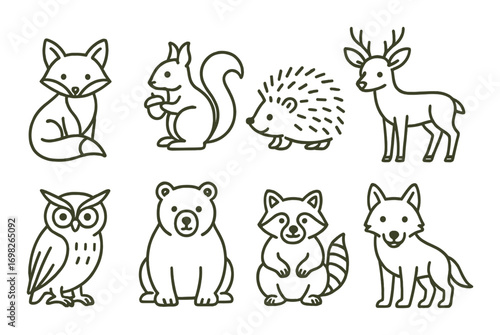 Simple outline illustrations of forest animals on brown background