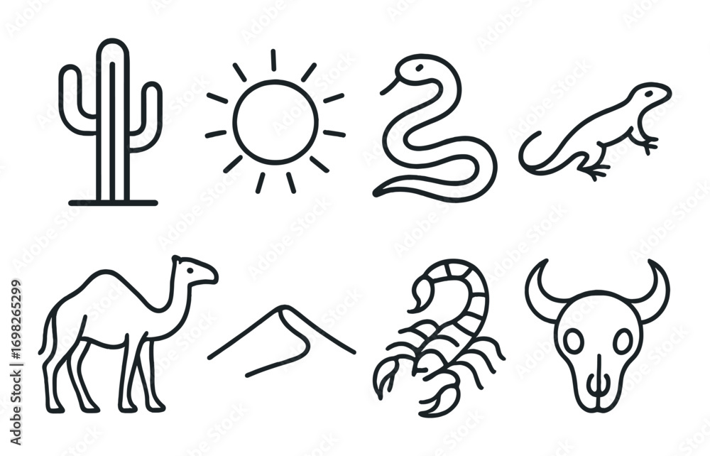 Obraz premium Desert icons: cactus, sun, snake, lizard, camel, dunes, scorpion, skull