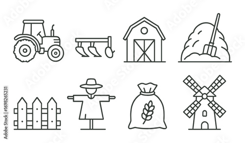 Farming icons set: tractor, plow, barn, haystack, fence, scarecrow, sack, windmill