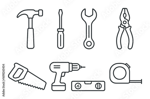 Monochrome tool icons: hammer, screwdriver, wrench, pliers, saw, drill, level, tape measure