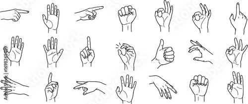 Collection of diverse hand gestures and poses, illustrating communication and expression