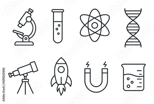 Science icons: microscope, test tube, atom, dna, telescope, rocket, magnet, beaker