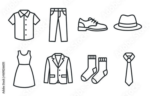 Classic apparel icons: shirt, pants, shoes, hat, dress, blazer, socks, tie