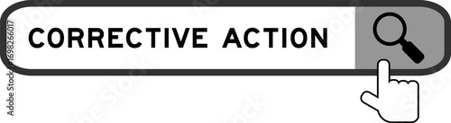 Search banner in word corrective action with hand over magnifier icon on white background