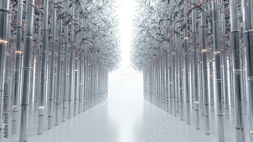 Abstract 3D rendering of a serene silver corridor with illuminated metallic bamboo stalks creating a futuristic path to a bright light