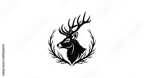 Vector illustration of a striking black and white illustration of a stags head with impressive antlers, framed by stylized branches