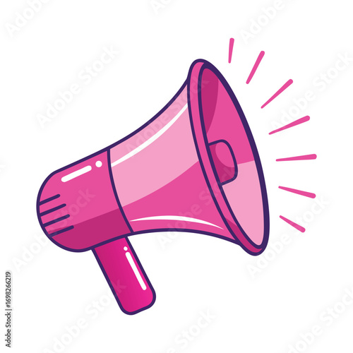 A bright pink cartoon megaphone emits sound waves symbolizing communication announcement or a loud message in a fun and energetic style