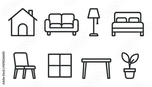 Minimalist furniture icons: home sofa, bed, lamp, chair, window, table, plant