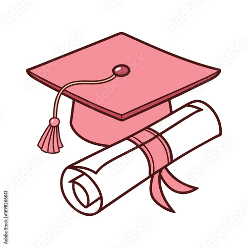 A pink graduation cap with a tassel rests beside a rolled up diploma tied with a pink ribbon symbolizing academic achievement and educational success
