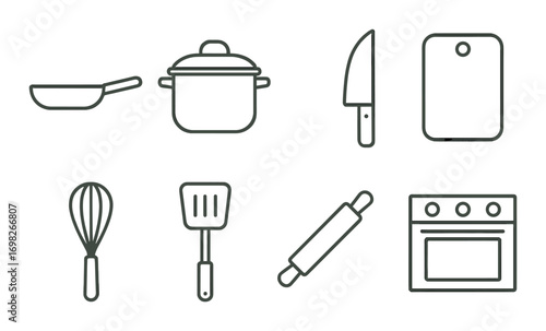 Kitchen utensils icons: frying pan pot knife cutting board whisk spatula rolling pin oven