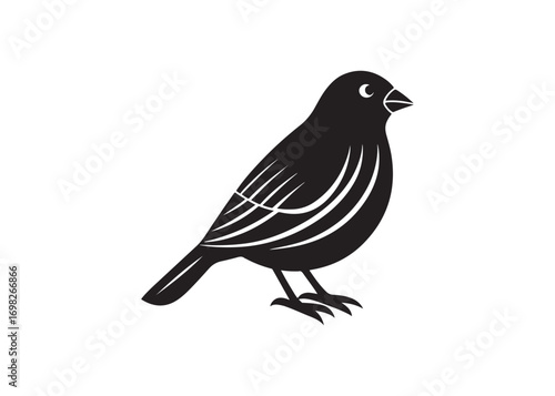 Canary bird black silhouette, perched songbird vector art isolated on white.