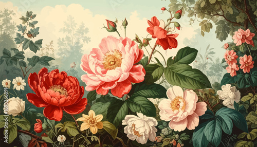 Delicate and detailed rose flower art. Soft pastel roses in classic style. Colorful rose blossom artwork illustration. Blooming roses with lush green leaves. Exquisite vintage floral composition