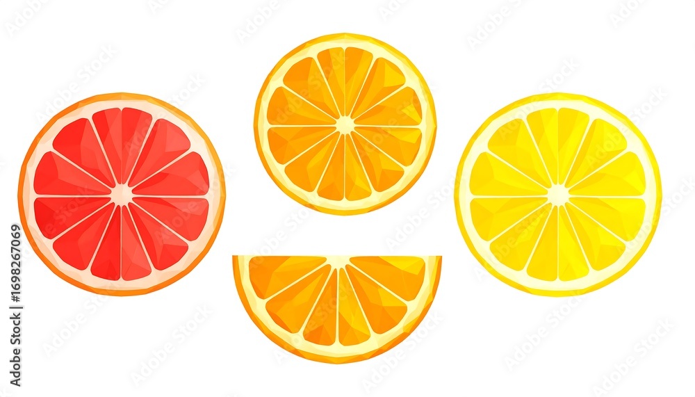 Obraz premium Colorful citrus slices, grapefruit and orange, displayed in a geometric design against a white background.