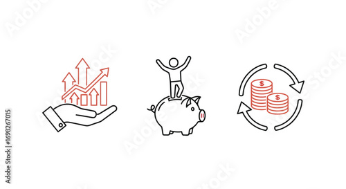 Vector illustration of financial growth icons including hand with rising graph, person on piggy bank, and coins with recycle arrows