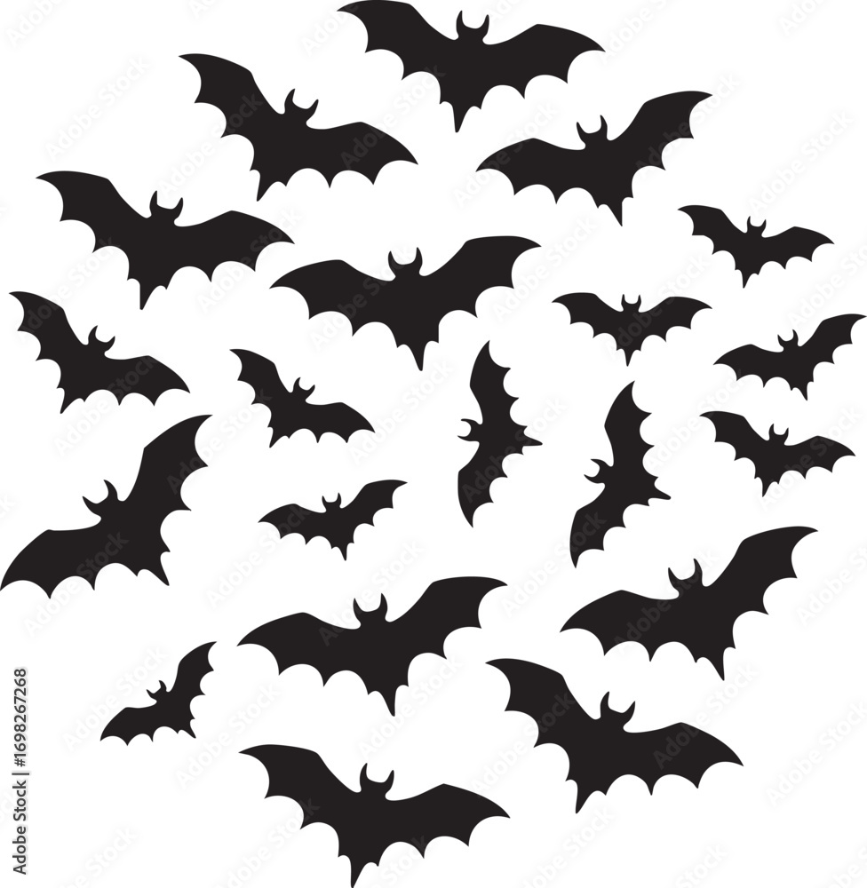 Naklejka premium Black bats flying in a circular pattern on white background