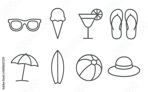 Summer vacation icons: sunglasses, ice cream, cocktail, flip-flops, umbrella, surfboard, beach ball, hat