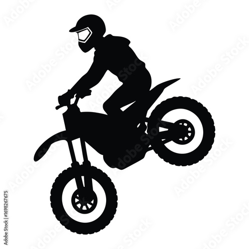 Dynamic silhouette of a motocross rider performing a wheelie on a dirt bike with a white background capturing the thrill of extreme sports and adventure