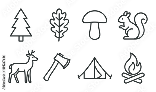 Silhouette icons of nature and camping elements on dark background