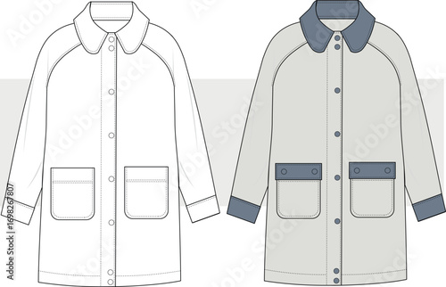 Women Knee Length Jacket Over Coat Fashion Flat Sketch Illustration. Front view, CAD, Mockup set.