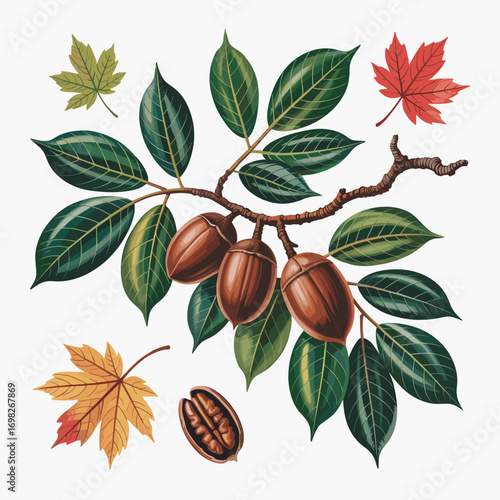 Botanical Illustration of Pecan Branch with Maple Leves