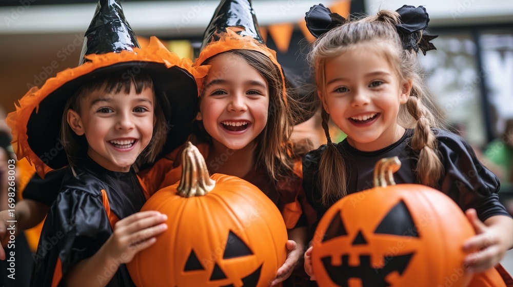 Fototapeta premium Happy Young Girls in Halloween Costumes Holding Pumpkins