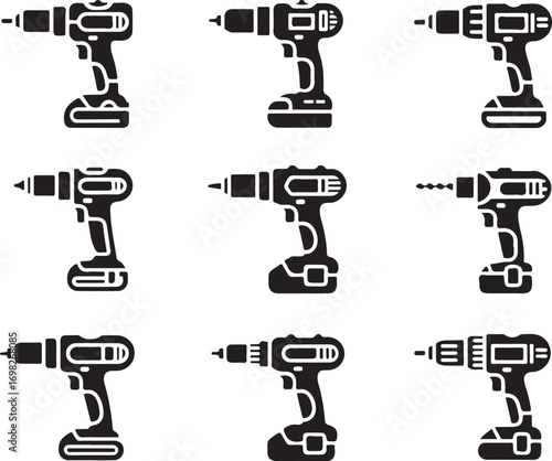 Cordless Drill Vector Set Power Tool Collection Construction Equipment Silhouette Icon Illustration