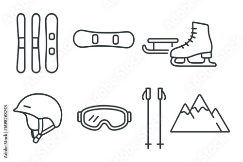 Winter sports equipment icons: skiing, snowboarding, ice skating, and mountain adventure gear