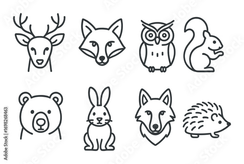 Minimalist animal outline collection featuring deer, fox, owl, squirrel, bear, rabbit, wolf, and hedgehog