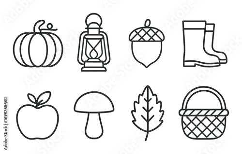 Minimalist autumn icons featuring pumpkin lantern acorn boots apple mushroom leaf basket