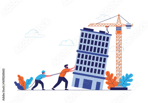 Construction workers struggle to push a tall building with a crane in the background on a cloudy day with plants around