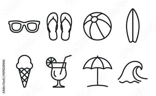 Summer icons: sunglasses, flip-flops, beach ball, surfboard, ice cream, cocktail, umbrella, wave