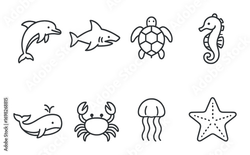 Marine animal icons: dolphin, shark, turtle, seahorse, whale, crab, jellyfish, starfish