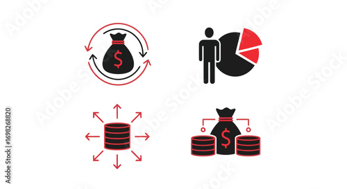 Vector illustration of financial icons depicting money circulation, investment analysis, and economic distribution