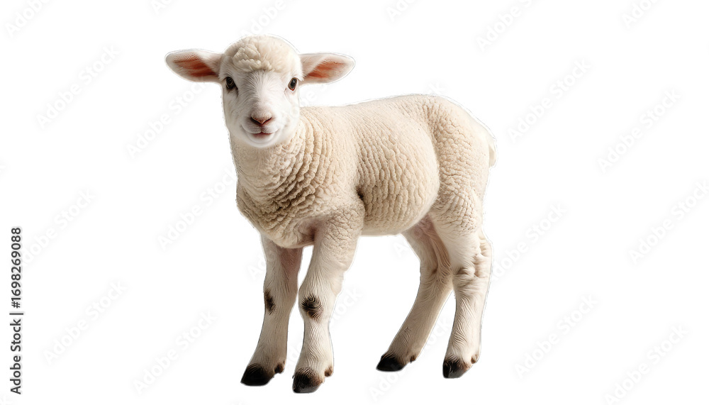 Fototapeta premium Young white lamb standing on a black background sheep isolated on a transparent background
