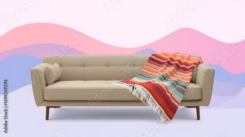 Modern beige sofa with colorful throw blanket