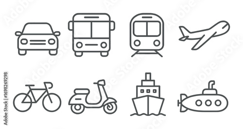 Vector icons of various transportation modes in gray design on dark background