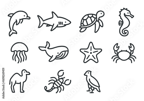 Marine and desert animal icons: dolphin, shark, turtle, seahorse, jellyfish, whale, starfish, crab, camel, scorpion, bird