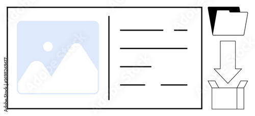 Layout features image thumbnail, text details, file folder, download arrow, and box. Ideal for organization, digital filing, workflow archiving retrieval efficiency productivity. Simple flat