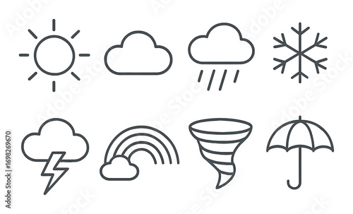 Minimalist weather icons set with sun, cloud, rain, snow, thunder, rainbow, tornado, umbrella