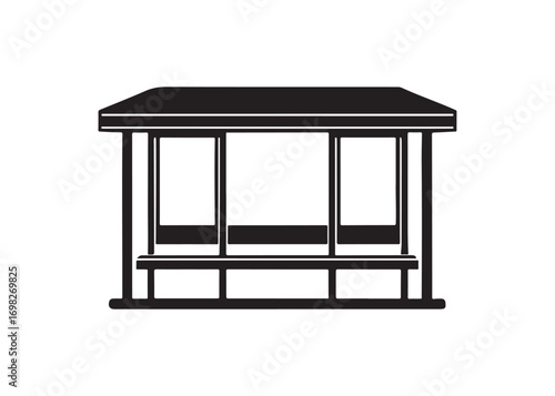 Black silhouette of bus stop shelter with roof and bench, vector design isolated.