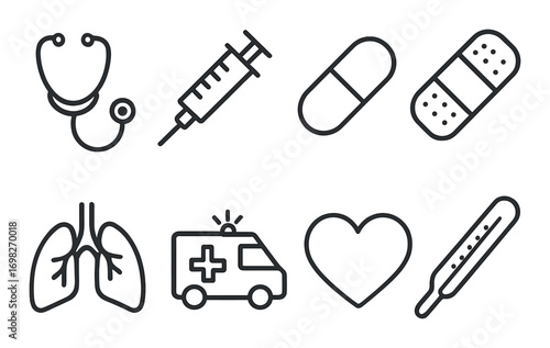Medical icons: stethoscope, syringe, pills, bandage, lungs, ambulance, heart, thermometer