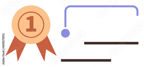 Prize medal with number one, red ribbons, and abstract chart lines. Ideal for recognition, success, reward, leadership, achievement competition motivation. Simplistic flat metaphor